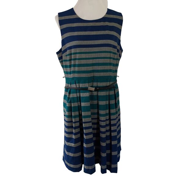 Calvin Klein Fit and Flare Dress Womens Size 16 Sleeveless Stretch Striped Lined - Picture 1 of 11